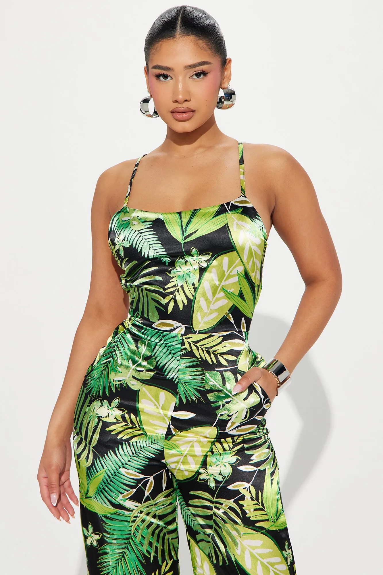 Aligned With You Satin Jumpsuit - Green/combo