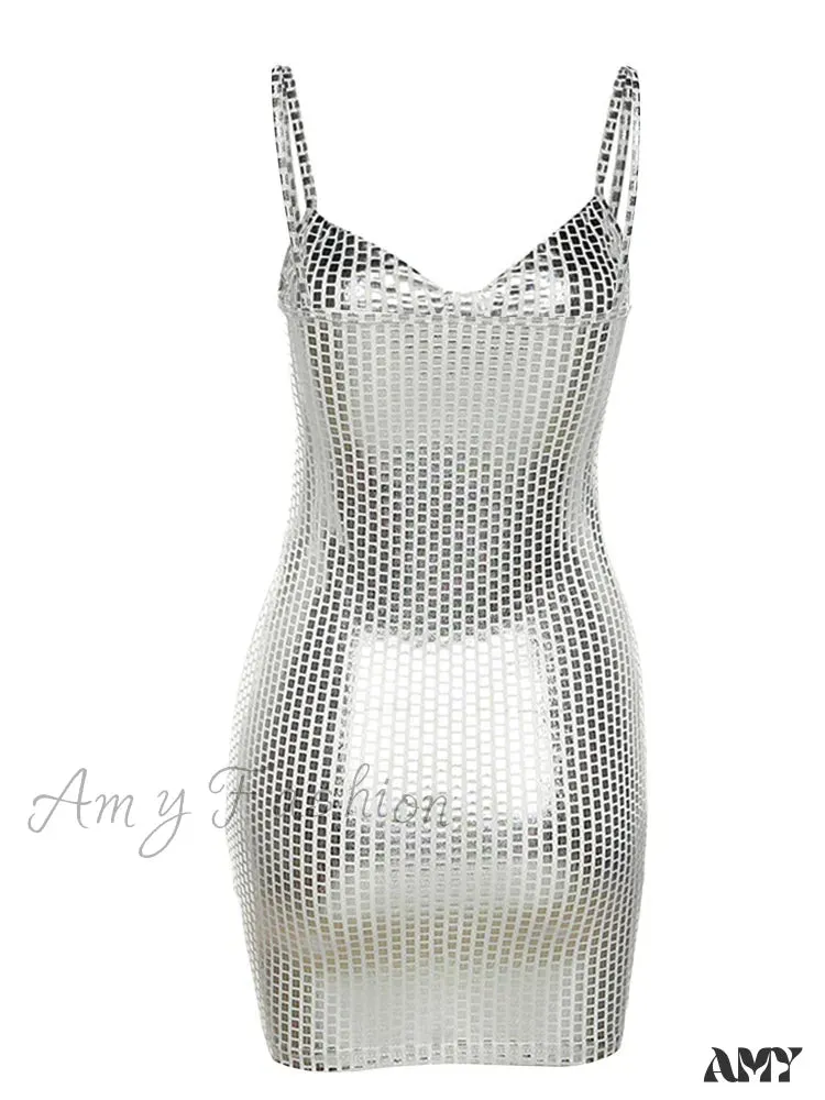 Amy Fashion - Sexy Shiny Summer Party Fashion Sleeveless Spaghetti Mini Dress