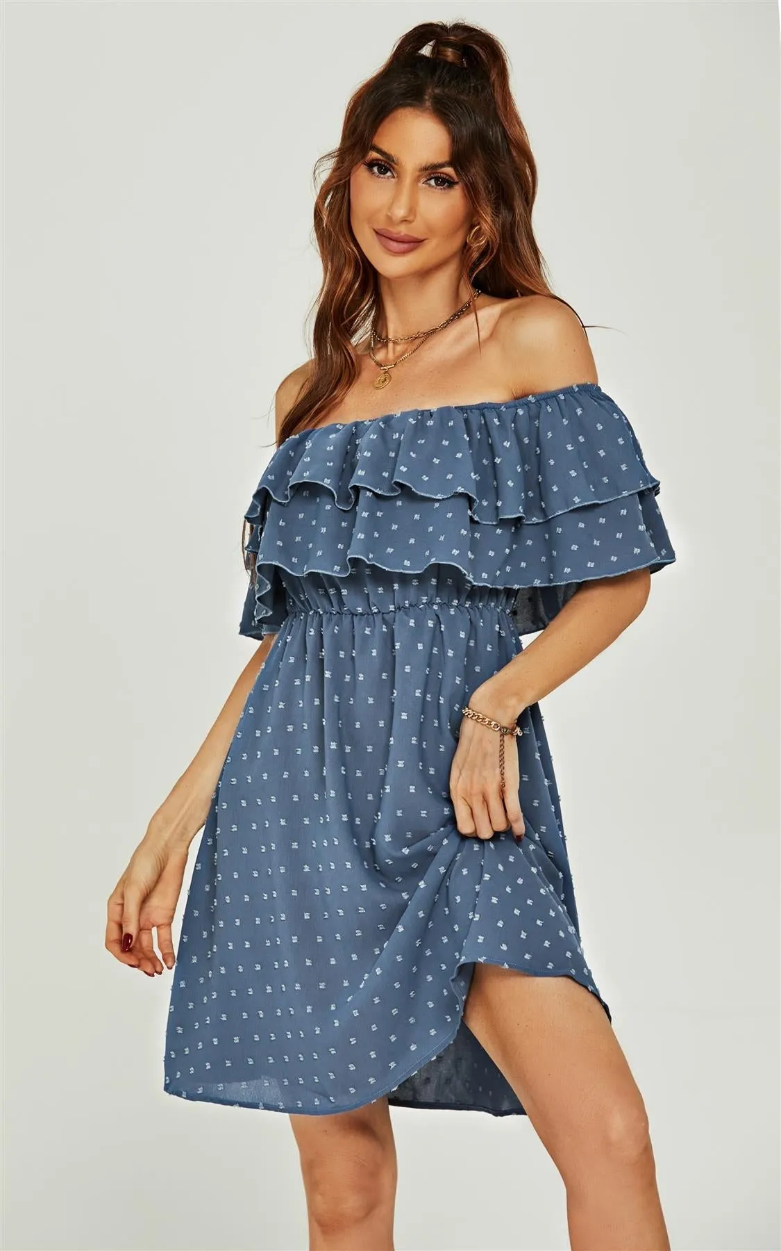 Bardot Frill Mini Dress In Blue