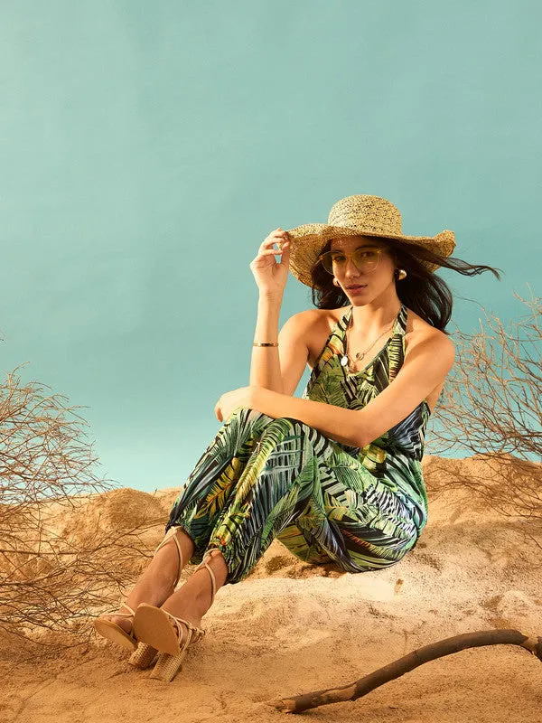 Berrylush Women Green & Black Tropical Printed Halter Neck Sleeveless Tie-Up Backless Regular Jumpsuit