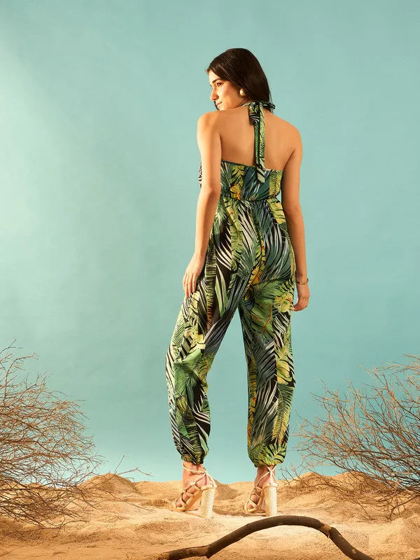 Berrylush Women Green & Black Tropical Printed Halter Neck Sleeveless Tie-Up Backless Regular Jumpsuit