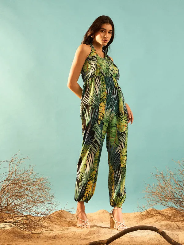 Berrylush Women Green & Black Tropical Printed Halter Neck Sleeveless Tie-Up Backless Regular Jumpsuit