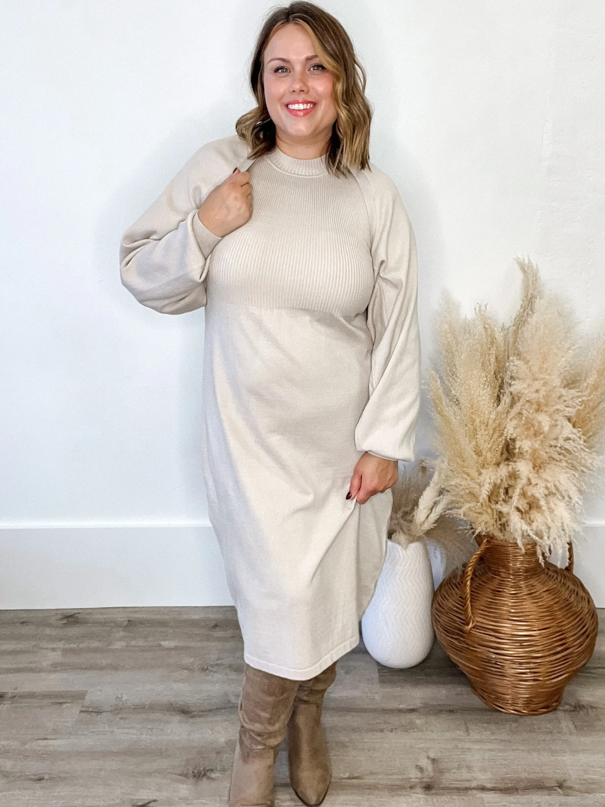 Cardigan and Sweater Dress Set - Champagne