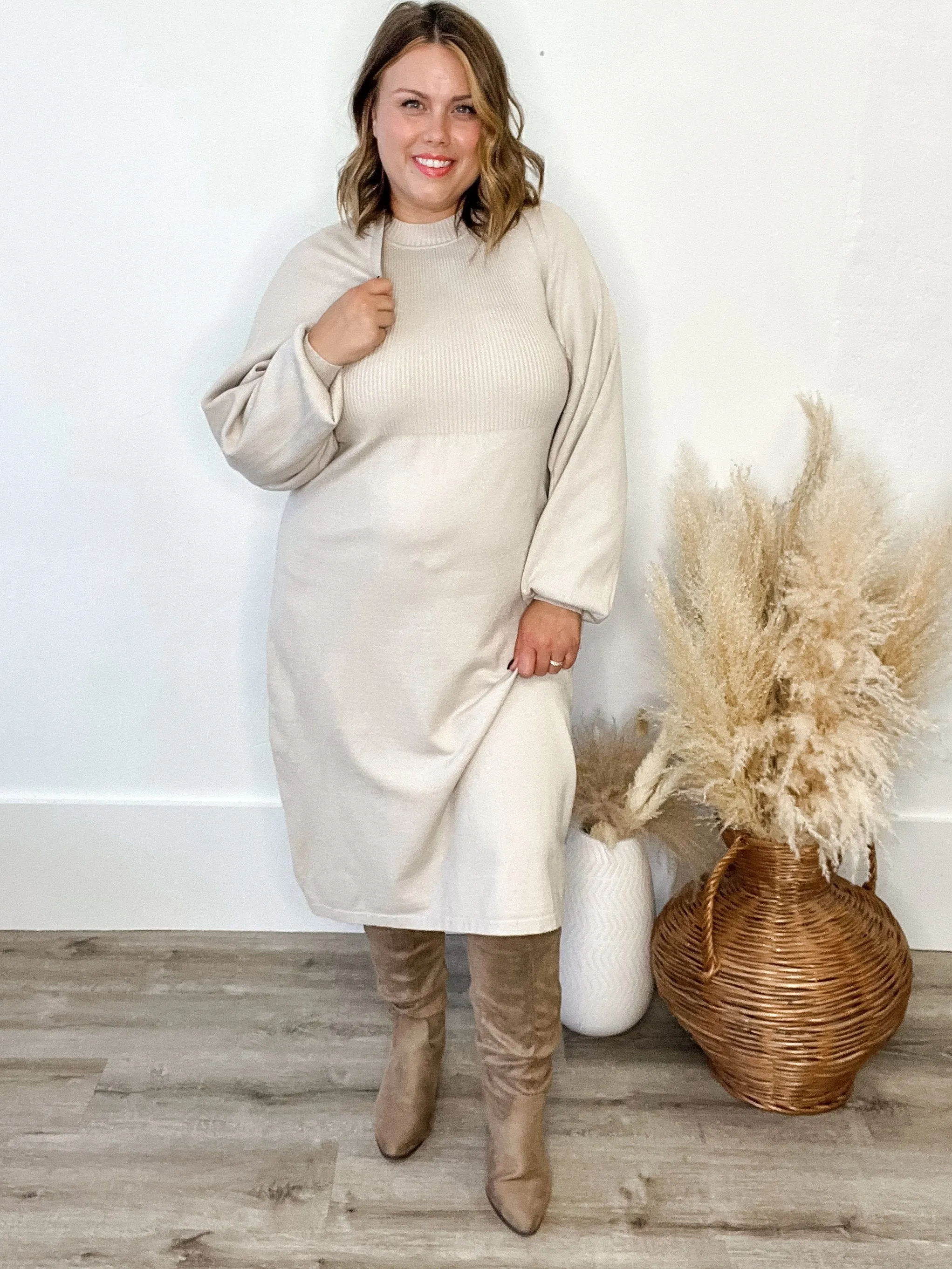 Cardigan and Sweater Dress Set - Champagne