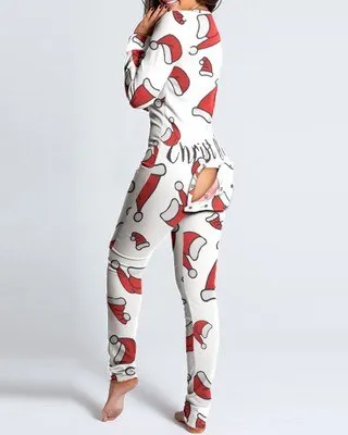 Christmas Print Sexy Pajama Women Jumpsuit Casual Long Sleeve Pyjama Button-down Front Functional Buttoned Flap Female Sleepwear