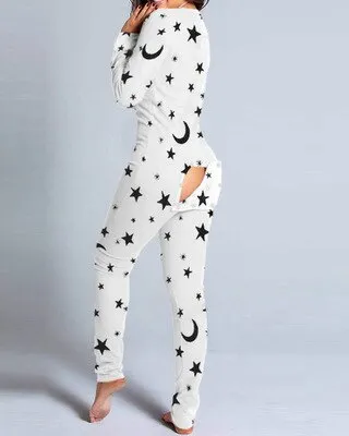 Christmas Print Sexy Pajama Women Jumpsuit Casual Long Sleeve Pyjama Button-down Front Functional Buttoned Flap Female Sleepwear