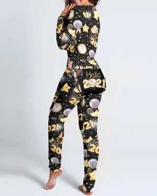 Christmas Print Sexy Pajama Women Jumpsuit Casual Long Sleeve Pyjama Button-down Front Functional Buttoned Flap Female Sleepwear