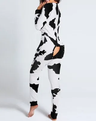 Christmas Print Sexy Pajama Women Jumpsuit Casual Long Sleeve Pyjama Button-down Front Functional Buttoned Flap Female Sleepwear