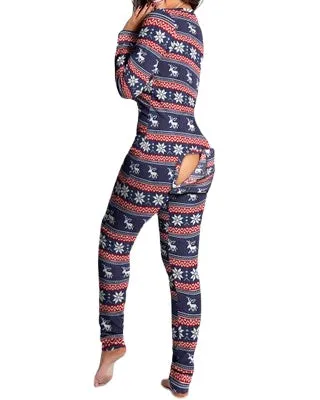 Christmas Print Sexy Pajama Women Jumpsuit Casual Long Sleeve Pyjama Button-down Front Functional Buttoned Flap Female Sleepwear