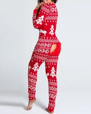 Christmas Print Sexy Pajama Women Jumpsuit Casual Long Sleeve Pyjama Button-down Front Functional Buttoned Flap Female Sleepwear