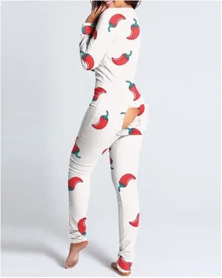 Christmas Print Sexy Pajama Women Jumpsuit Casual Long Sleeve Pyjama Button-down Front Functional Buttoned Flap Female Sleepwear