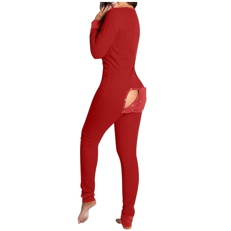 Christmas Print Sexy Pajama Women Jumpsuit Casual Long Sleeve Pyjama Button-down Front Functional Buttoned Flap Female Sleepwear