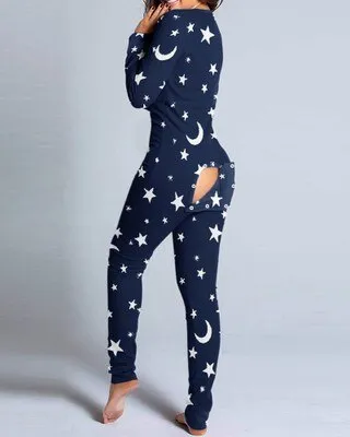 Christmas Print Sexy Pajama Women Jumpsuit Casual Long Sleeve Pyjama Button-down Front Functional Buttoned Flap Female Sleepwear