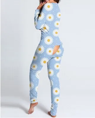 Christmas Print Sexy Pajama Women Jumpsuit Casual Long Sleeve Pyjama Button-down Front Functional Buttoned Flap Female Sleepwear