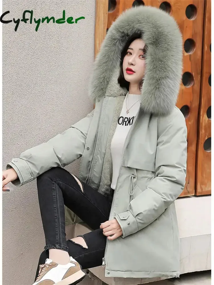 Cyflymder Winter Coat Low Price On Sale Women Beige Add Wool Thick Warmth Fur Hooded Parkas Jacket New Fashion Belt Slim Cotton Coat