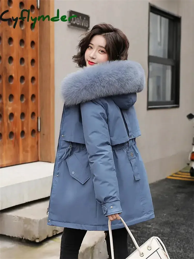 Cyflymder Winter Coat Low Price On Sale Women Beige Add Wool Thick Warmth Fur Hooded Parkas Jacket New Fashion Belt Slim Cotton Coat