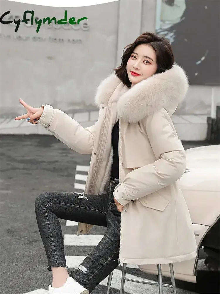 Cyflymder Winter Coat Low Price On Sale Women Beige Add Wool Thick Warmth Fur Hooded Parkas Jacket New Fashion Belt Slim Cotton Coat