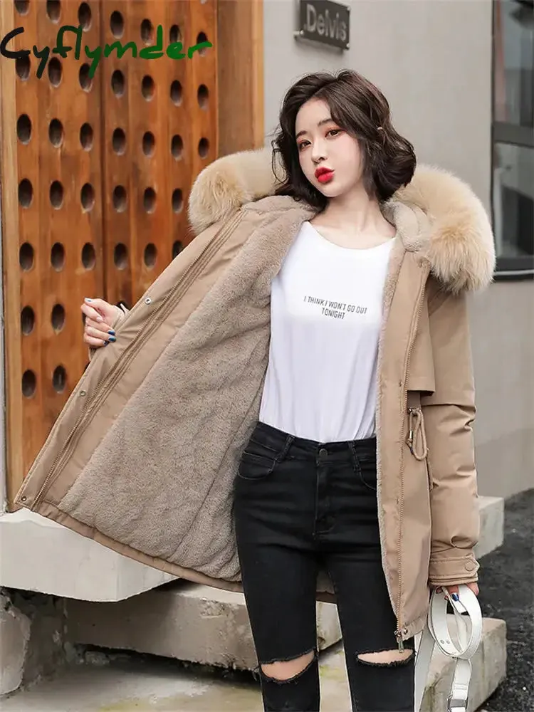 Cyflymder Winter Coat Low Price On Sale Women Beige Add Wool Thick Warmth Fur Hooded Parkas Jacket New Fashion Belt Slim Cotton Coat