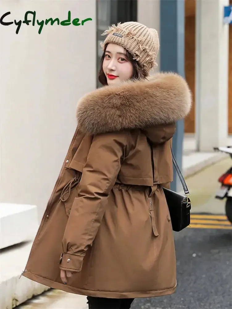Cyflymder Winter Coat Low Price On Sale Women Beige Add Wool Thick Warmth Fur Hooded Parkas Jacket New Fashion Belt Slim Cotton Coat