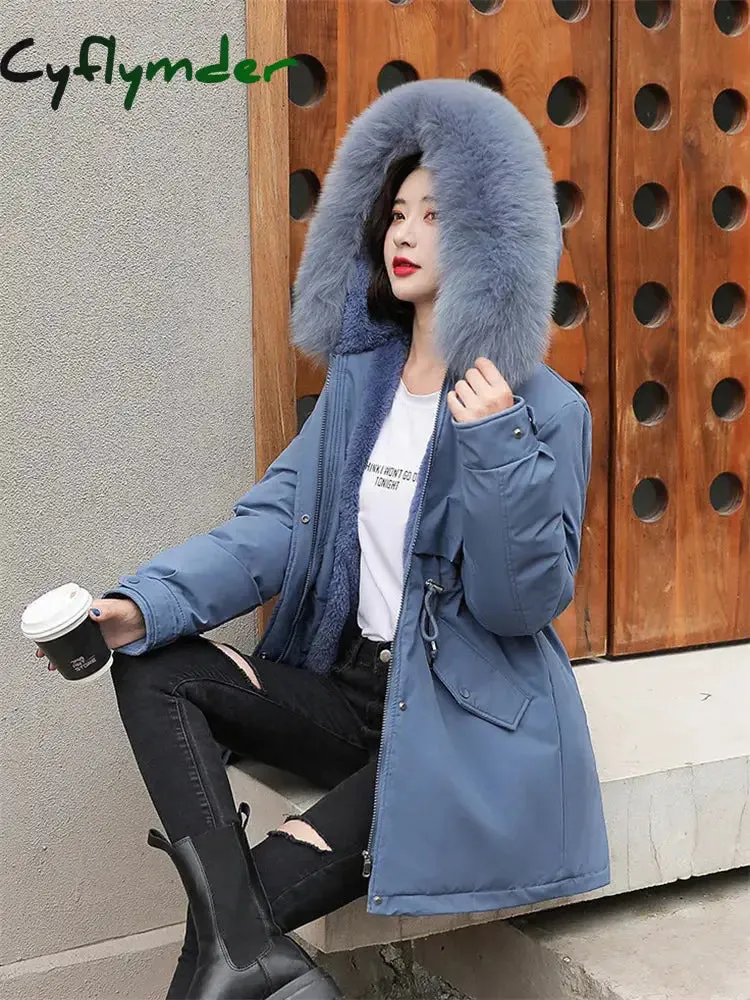 Cyflymder Winter Coat Low Price On Sale Women Beige Add Wool Thick Warmth Fur Hooded Parkas Jacket New Fashion Belt Slim Cotton Coat