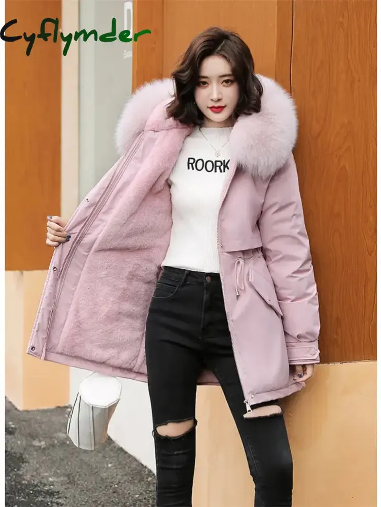 Cyflymder Winter Coat Low Price On Sale Women Beige Add Wool Thick Warmth Fur Hooded Parkas Jacket New Fashion Belt Slim Cotton Coat