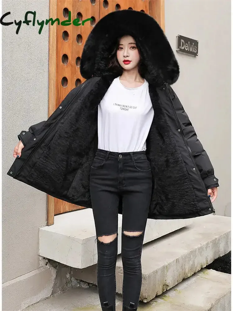 Cyflymder Winter Coat Low Price On Sale Women Beige Add Wool Thick Warmth Fur Hooded Parkas Jacket New Fashion Belt Slim Cotton Coat
