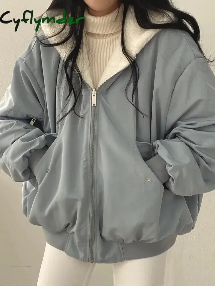 Cyflymder Winter Thicken Warm Parkas Women Oversized Kawaii Double Sided Hooded Coat Ladies Korean Fashion Casual Loose Zip Up Jackets