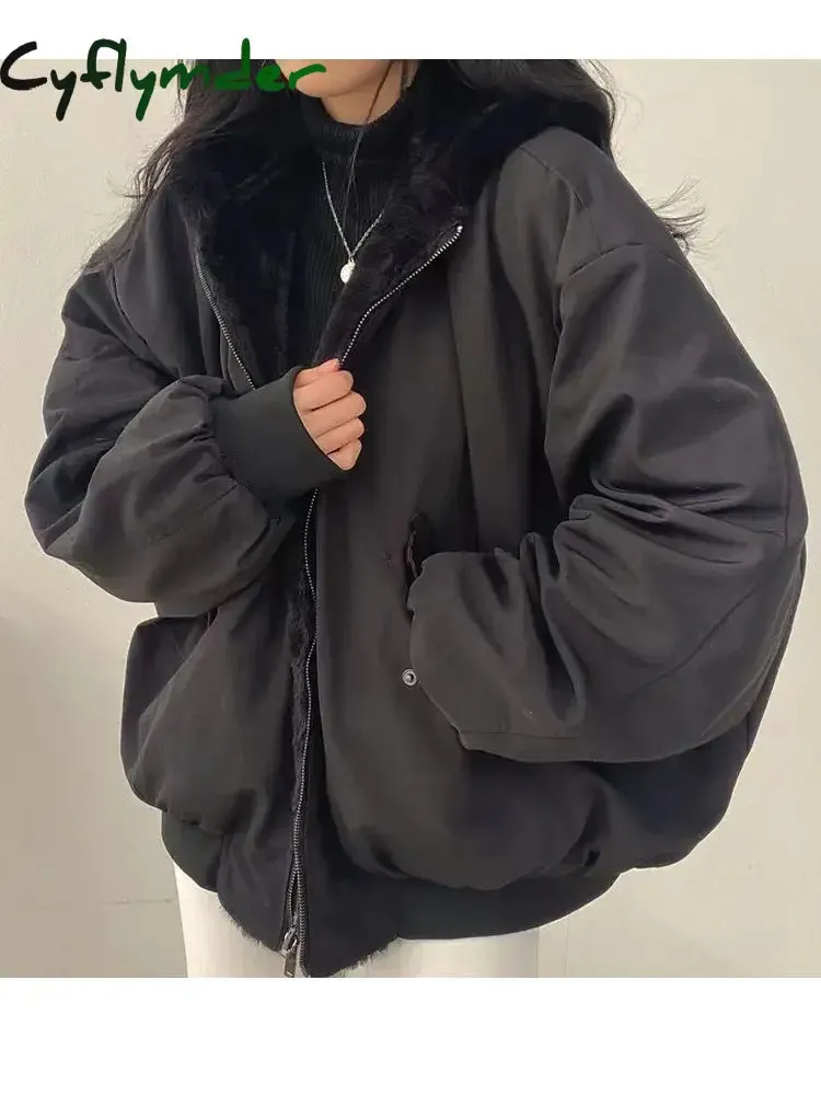 Cyflymder Winter Thicken Warm Parkas Women Oversized Kawaii Double Sided Hooded Coat Ladies Korean Fashion Casual Loose Zip Up Jackets