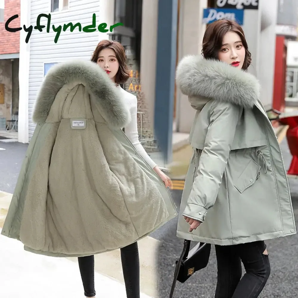 Cyflymder Women Parka Fashion Long Coat Wool Liner Hooded Parkas New Winter Jacket Slim with Fur Collar Warm Snow Wear Padded Clothes