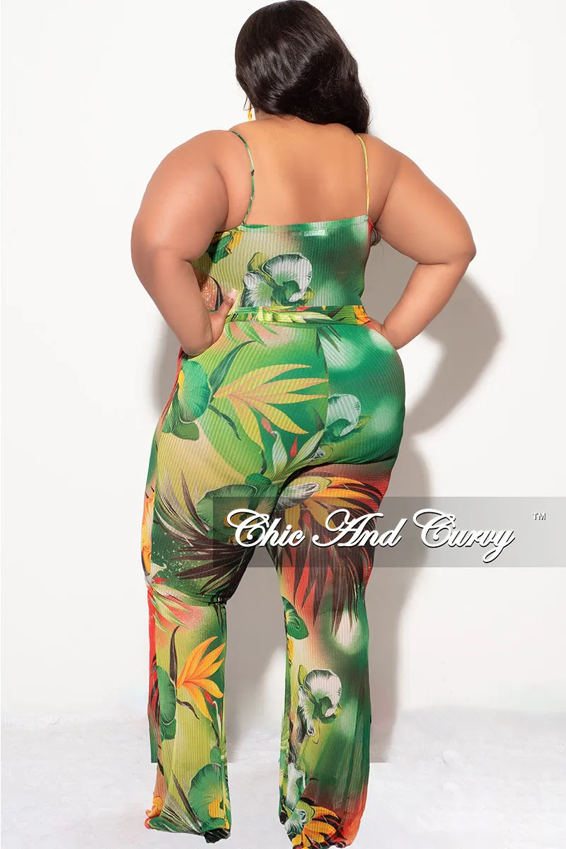 Final Sale Plus Size Sheer Ruched Jumpsuit in Green Tropical Print