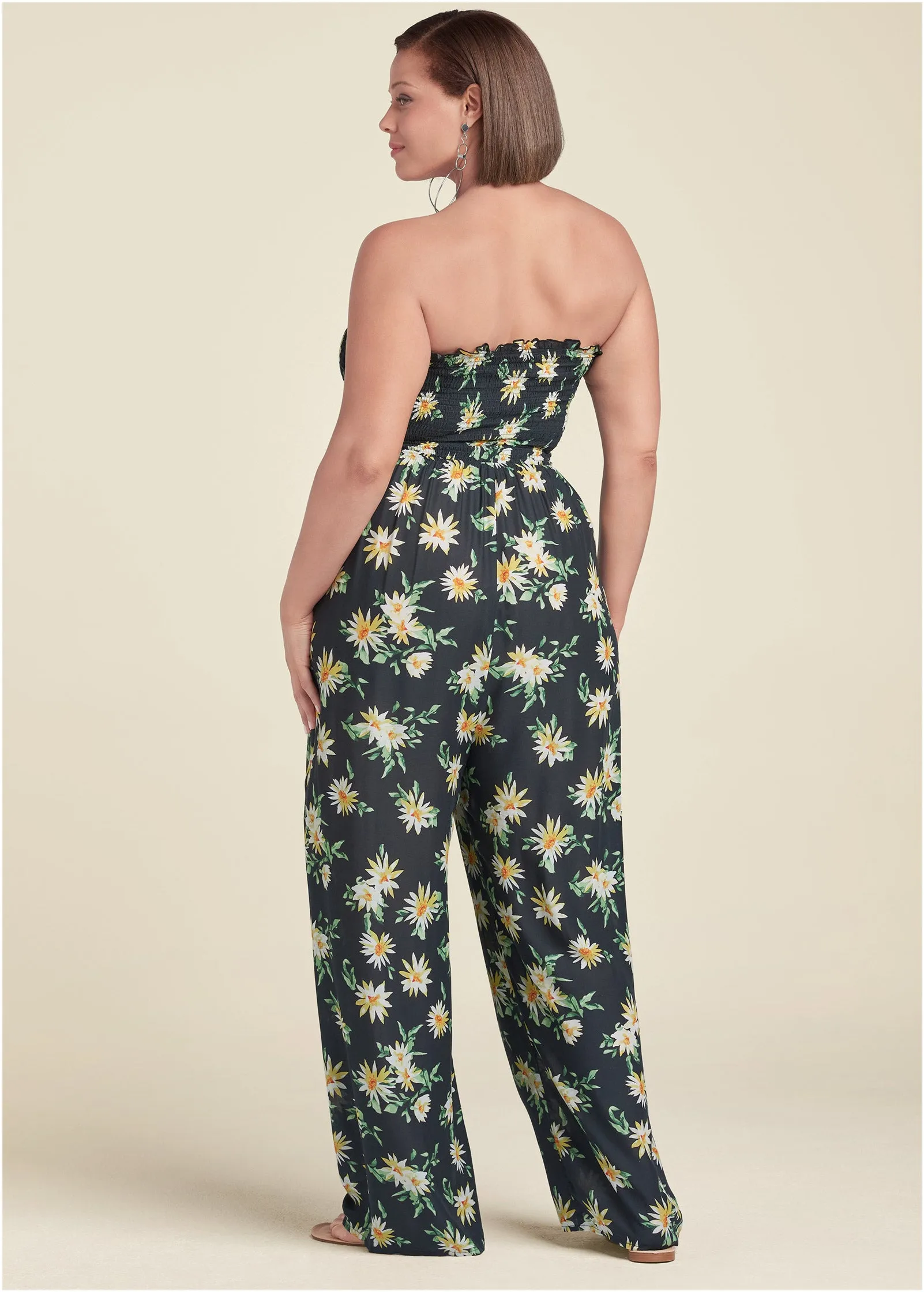 Floral Strapless Jumpsuit - Black & Yellow