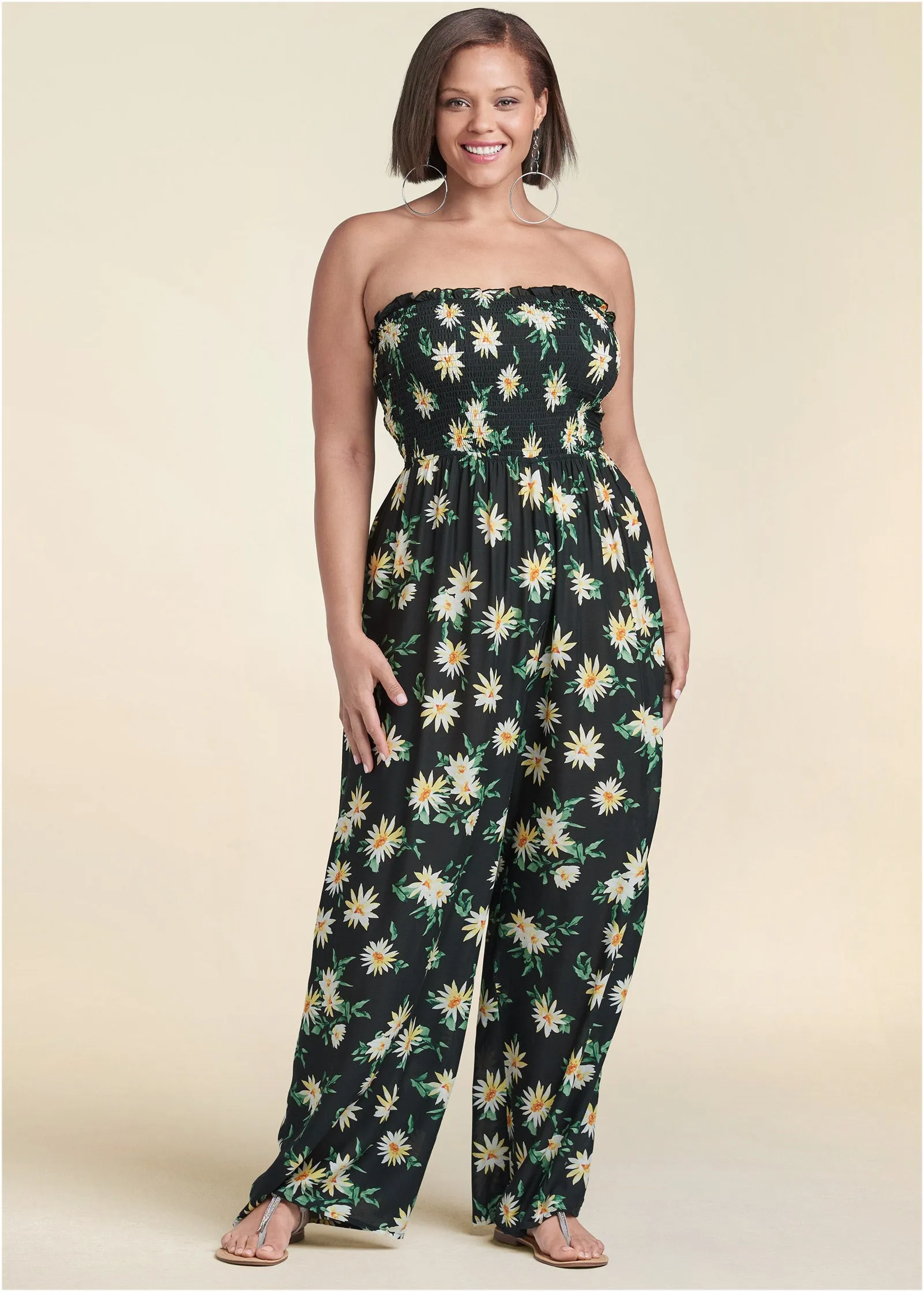 Floral Strapless Jumpsuit - Black & Yellow