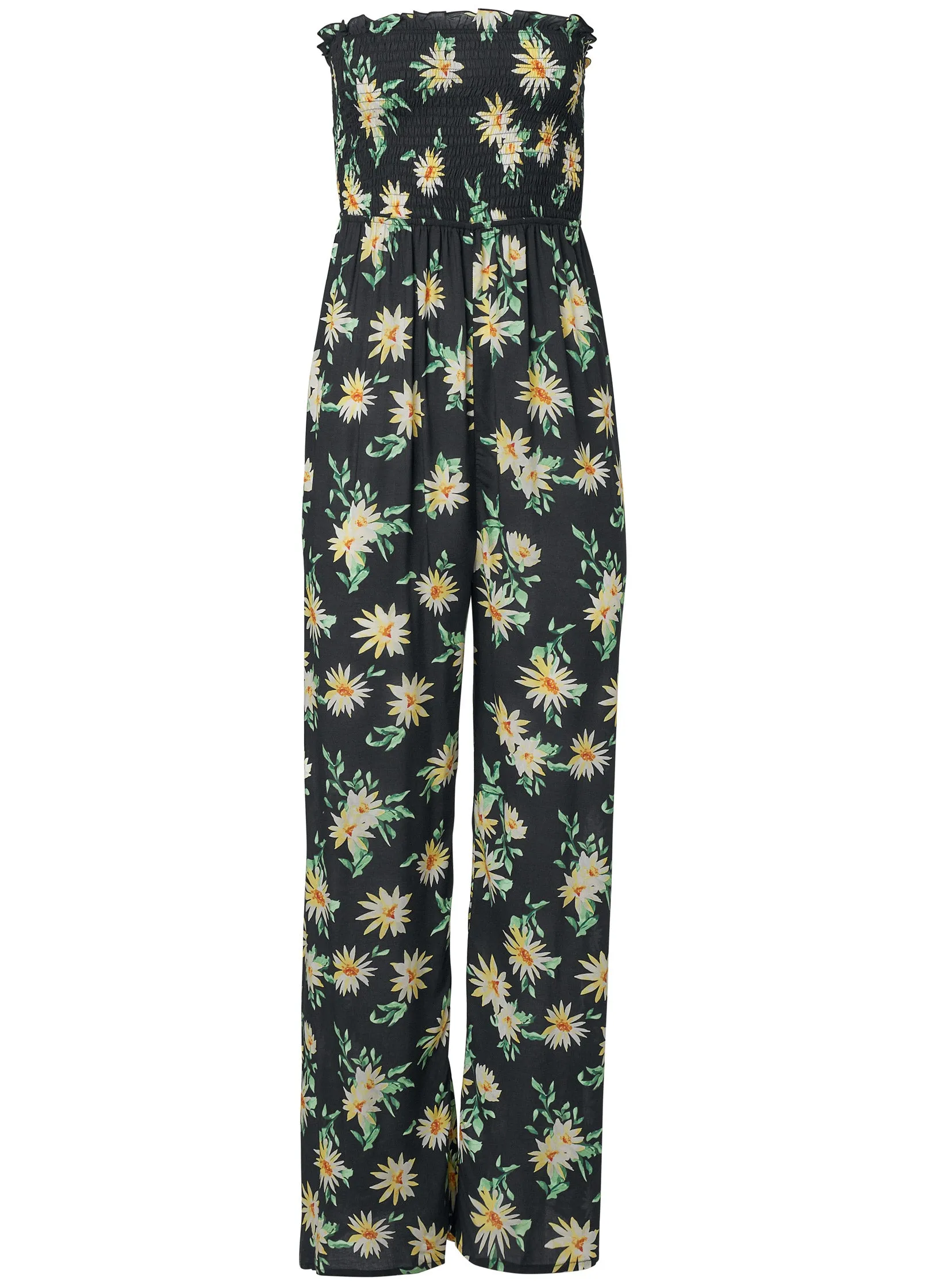 Floral Strapless Jumpsuit - Black & Yellow