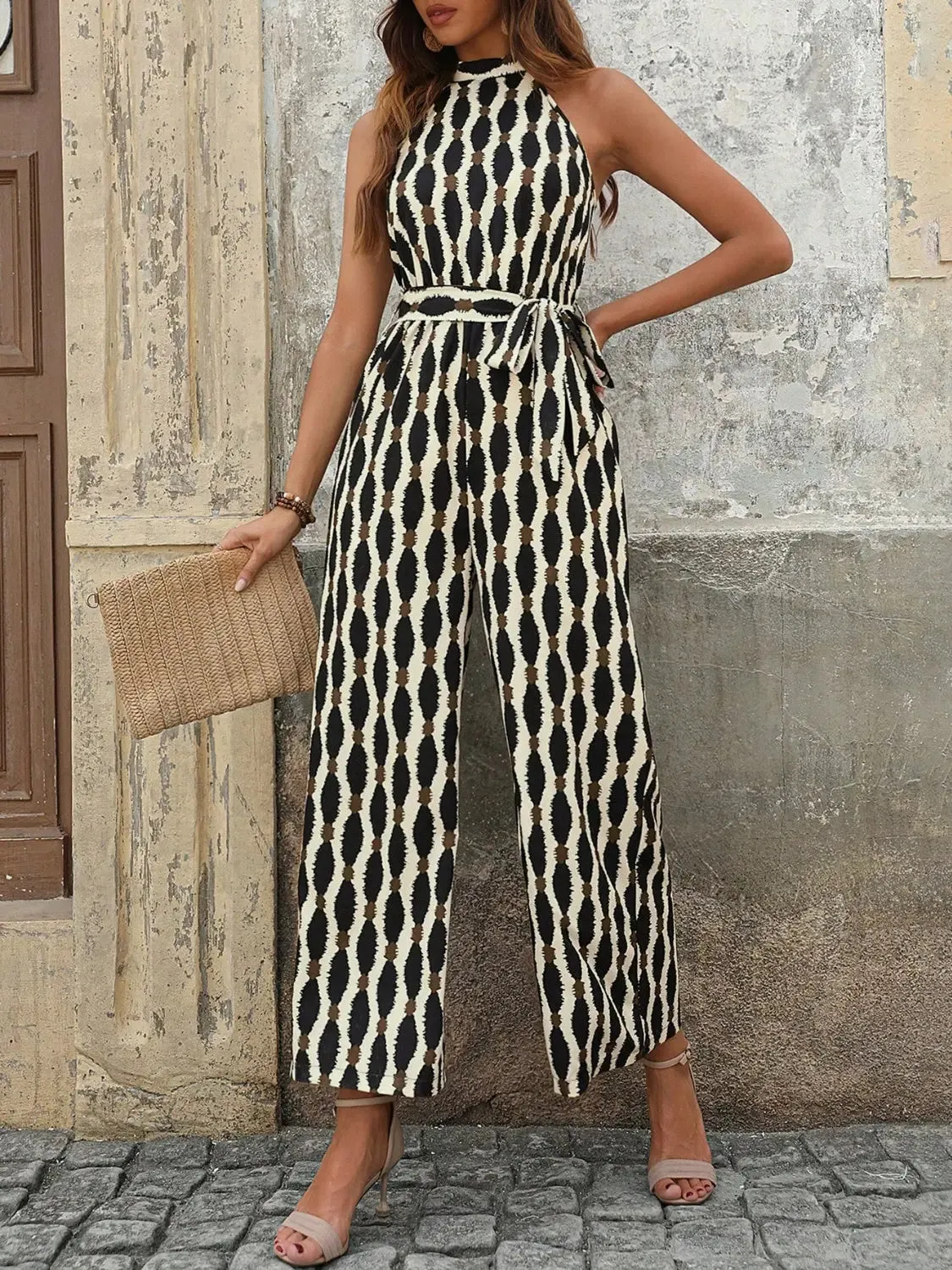 Grecian Neck Tied Printed Jumpsuit