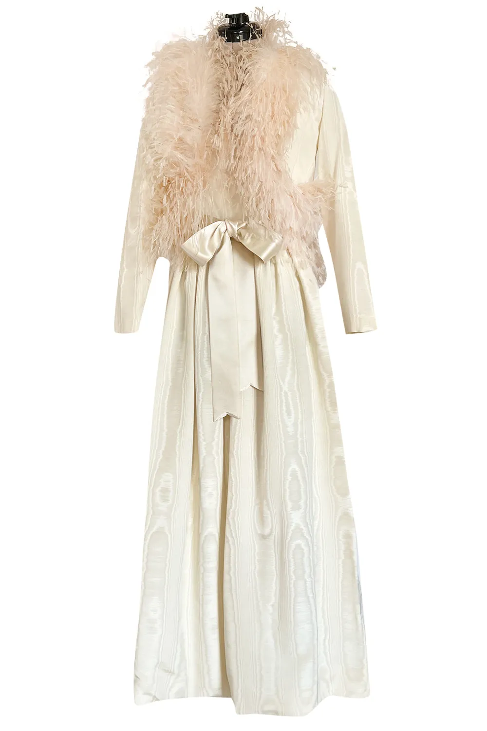 Incredible 1970s Mollie Parnis Ivory Silk Moire Halter Dress w Matching Feather Trim Jacket