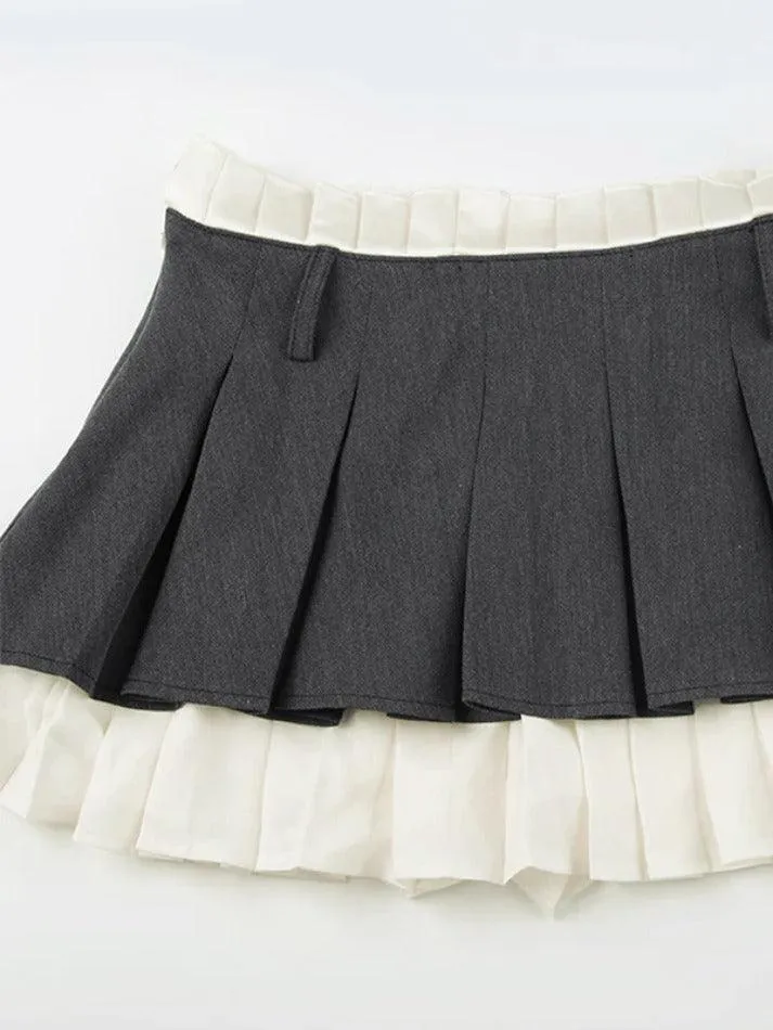 LANFUBEISI - Contrast Paperbag Waist Splice Pleated Mini Skirt