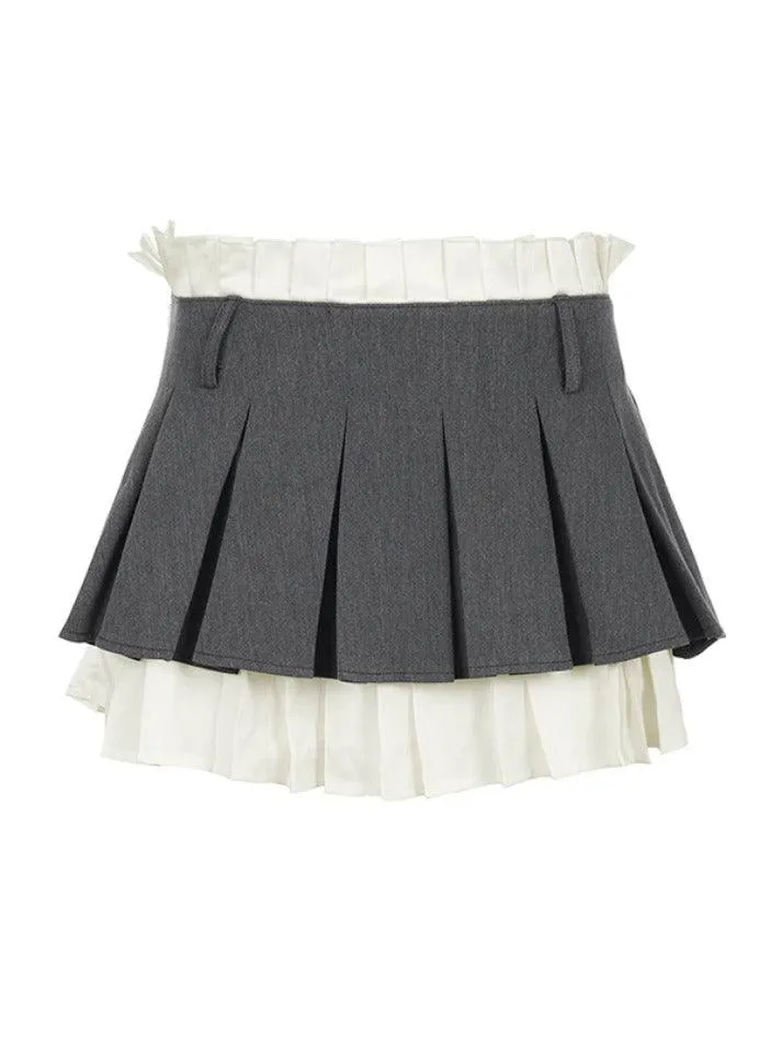 LANFUBEISI - Contrast Paperbag Waist Splice Pleated Mini Skirt