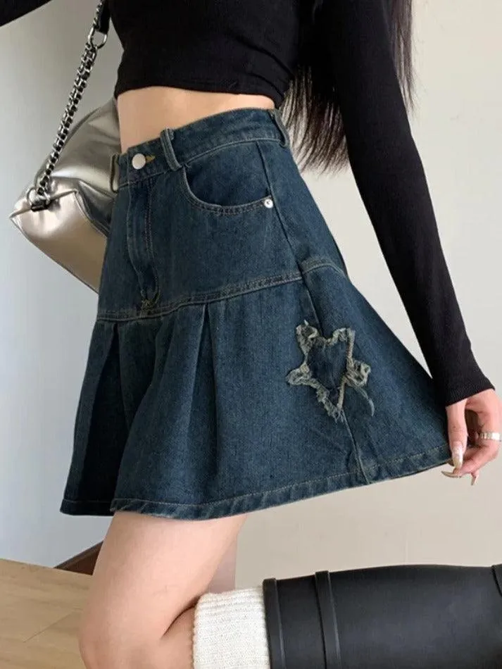 LANFUBEISI - Retro Pleated High Waist A Line Denim Mini Skirt