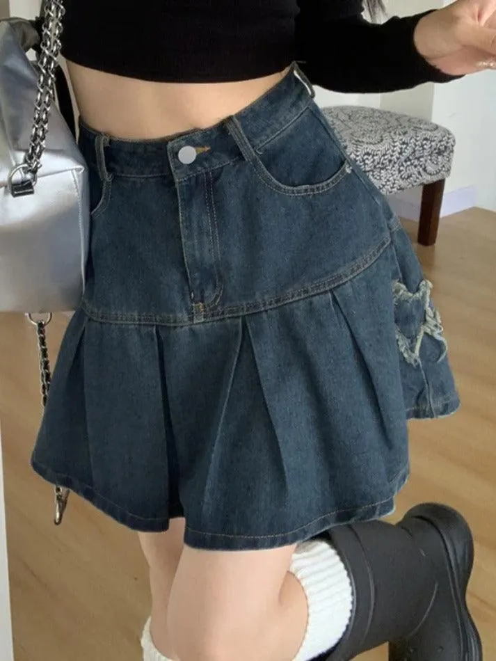 LANFUBEISI - Retro Pleated High Waist A Line Denim Mini Skirt