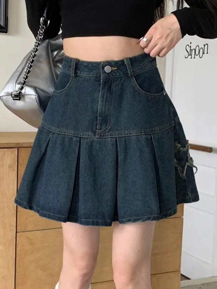 LANFUBEISI - Retro Pleated High Waist A Line Denim Mini Skirt