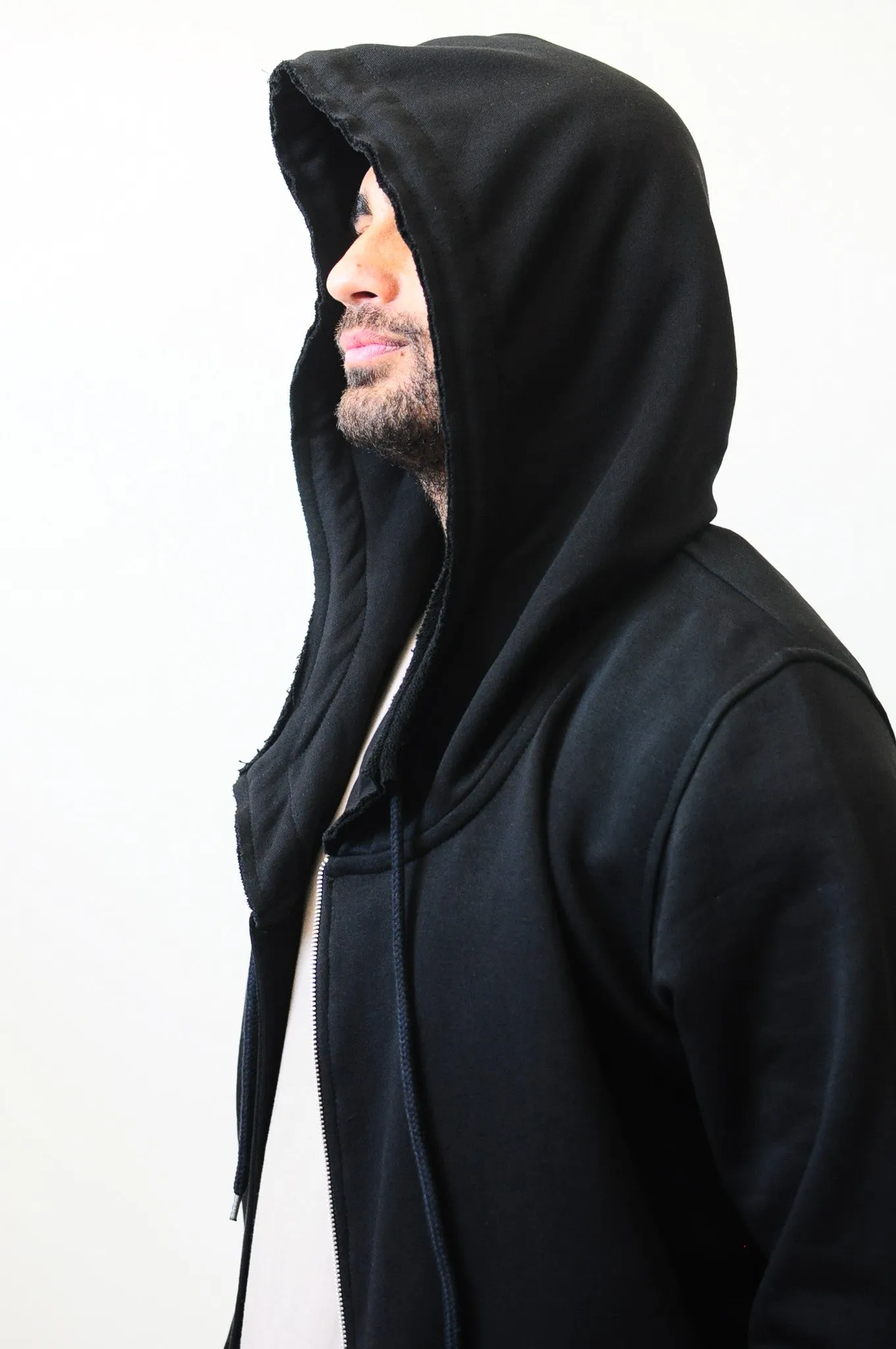Men's Black Hoodie // Asymmetric Zip Closure // Gloves Sleeve // Big Hood / Oversized Skinny Sweatshirt