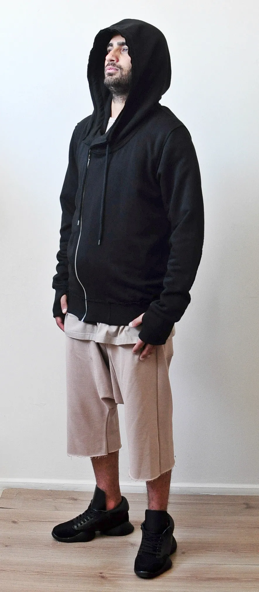 Men's Black Hoodie // Asymmetric Zip Closure // Gloves Sleeve // Big Hood / Oversized Skinny Sweatshirt