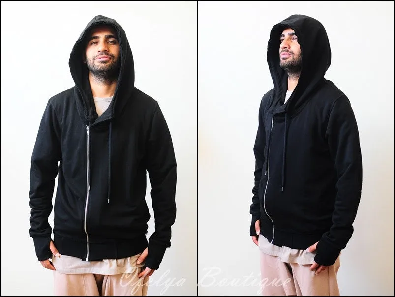 Men's Black Hoodie // Asymmetric Zip Closure // Gloves Sleeve // Big Hood / Oversized Skinny Sweatshirt