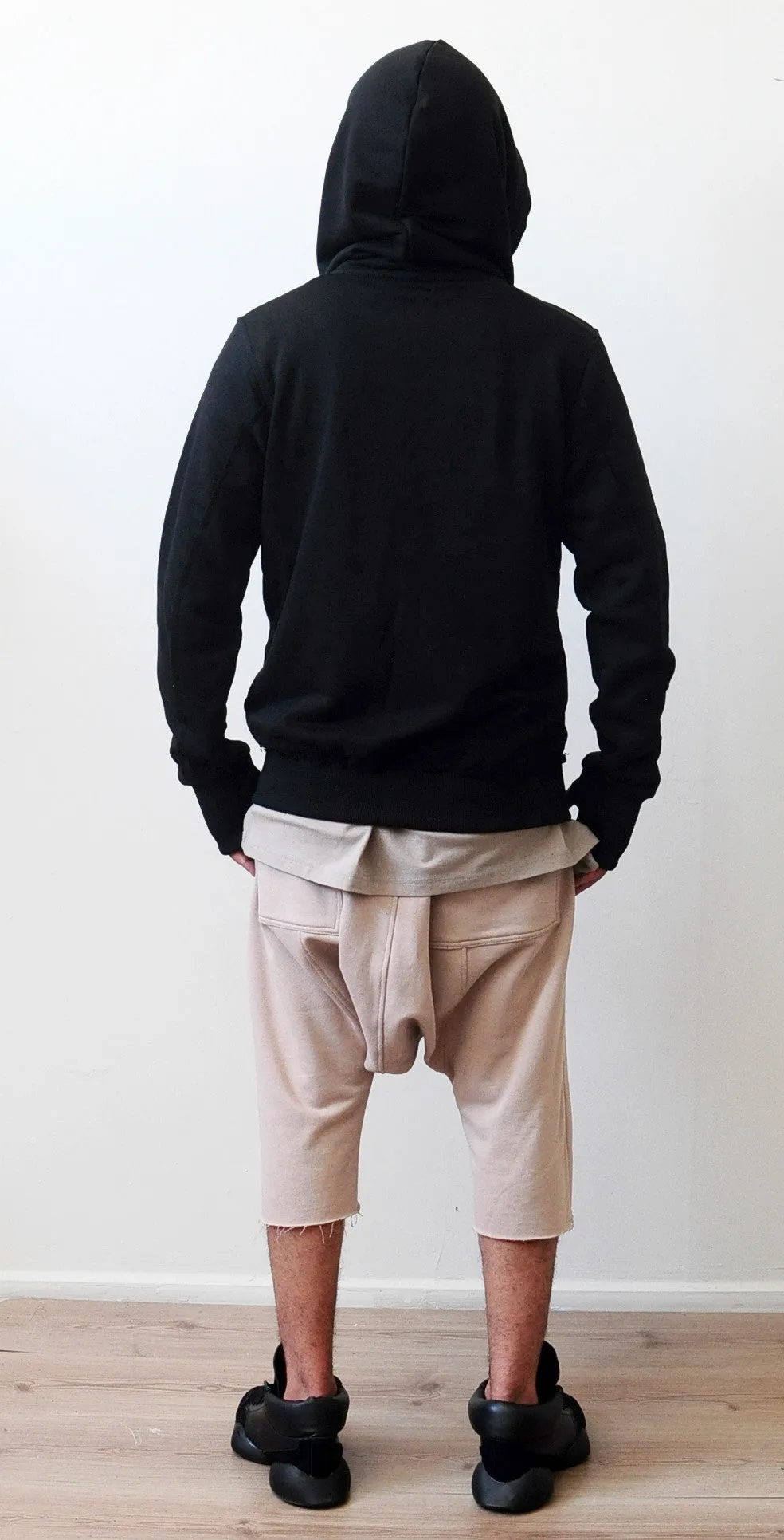 Men's Black Hoodie // Asymmetric Zip Closure // Gloves Sleeve // Big Hood / Oversized Skinny Sweatshirt