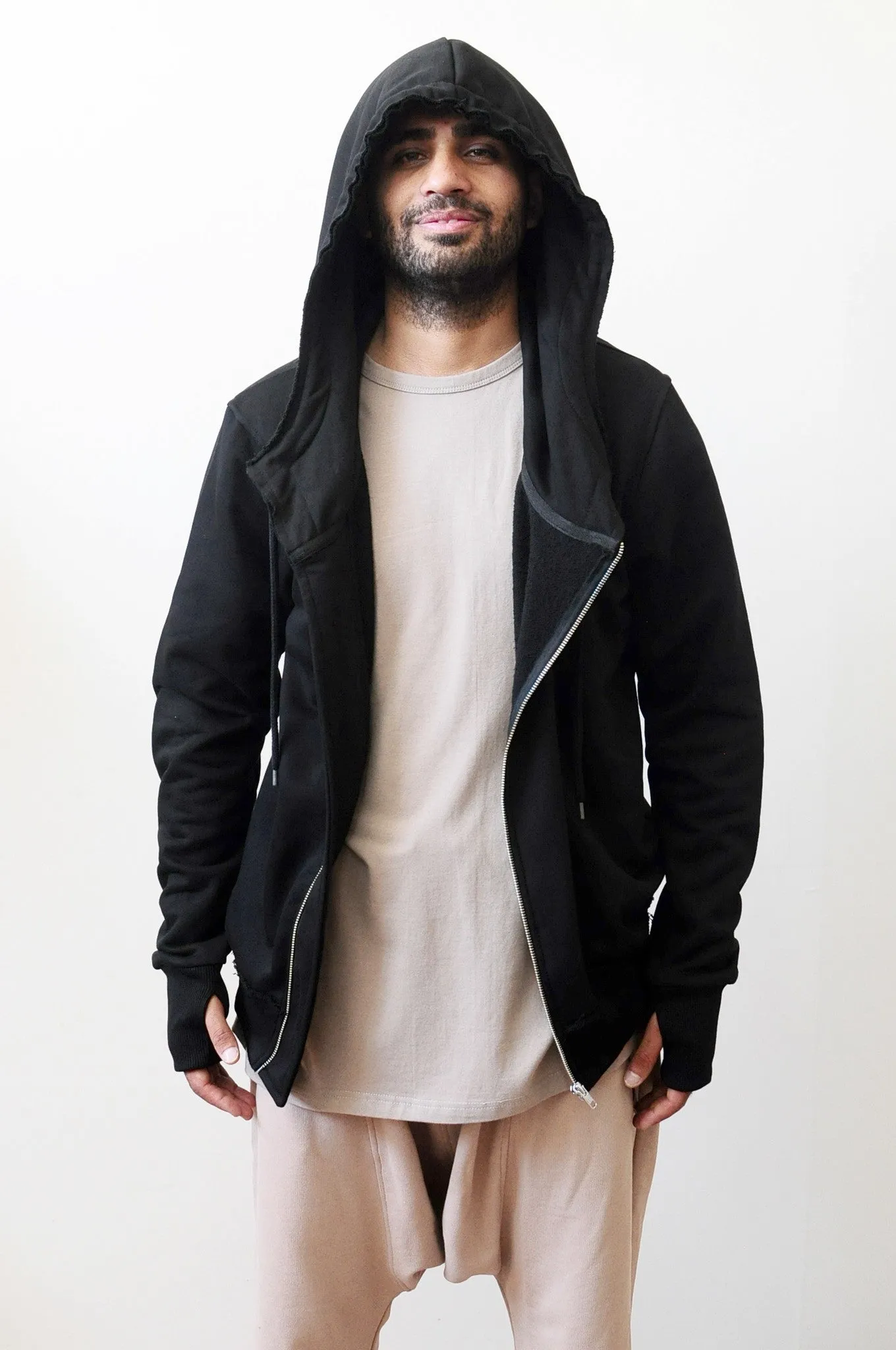 Men's Black Hoodie // Asymmetric Zip Closure // Gloves Sleeve // Big Hood / Oversized Skinny Sweatshirt