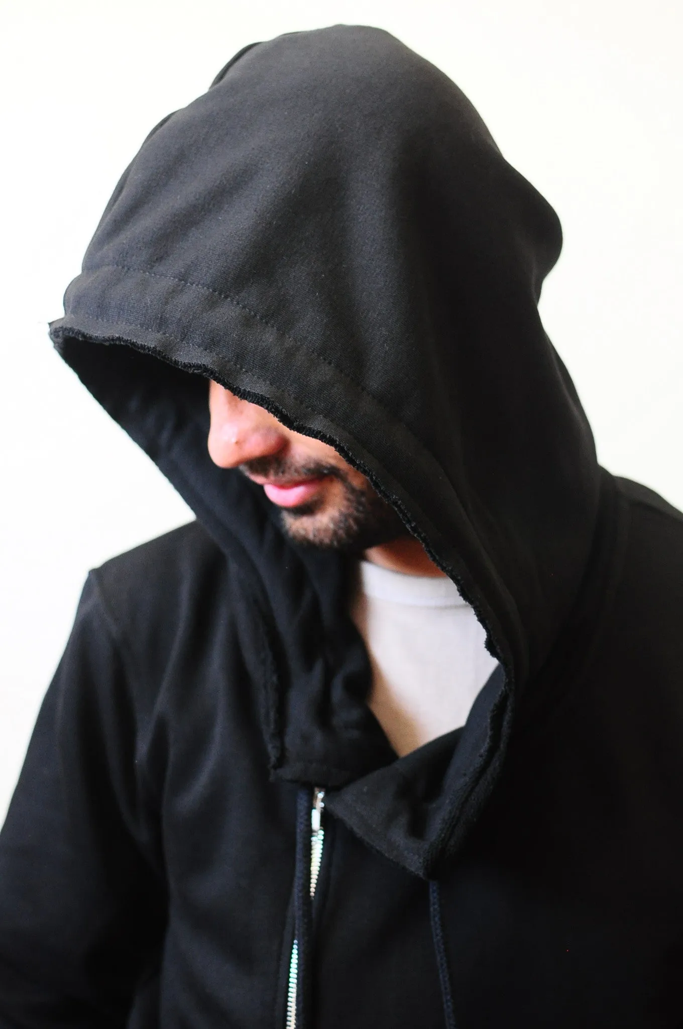 Men's Black Hoodie // Asymmetric Zip Closure // Gloves Sleeve // Big Hood / Oversized Skinny Sweatshirt