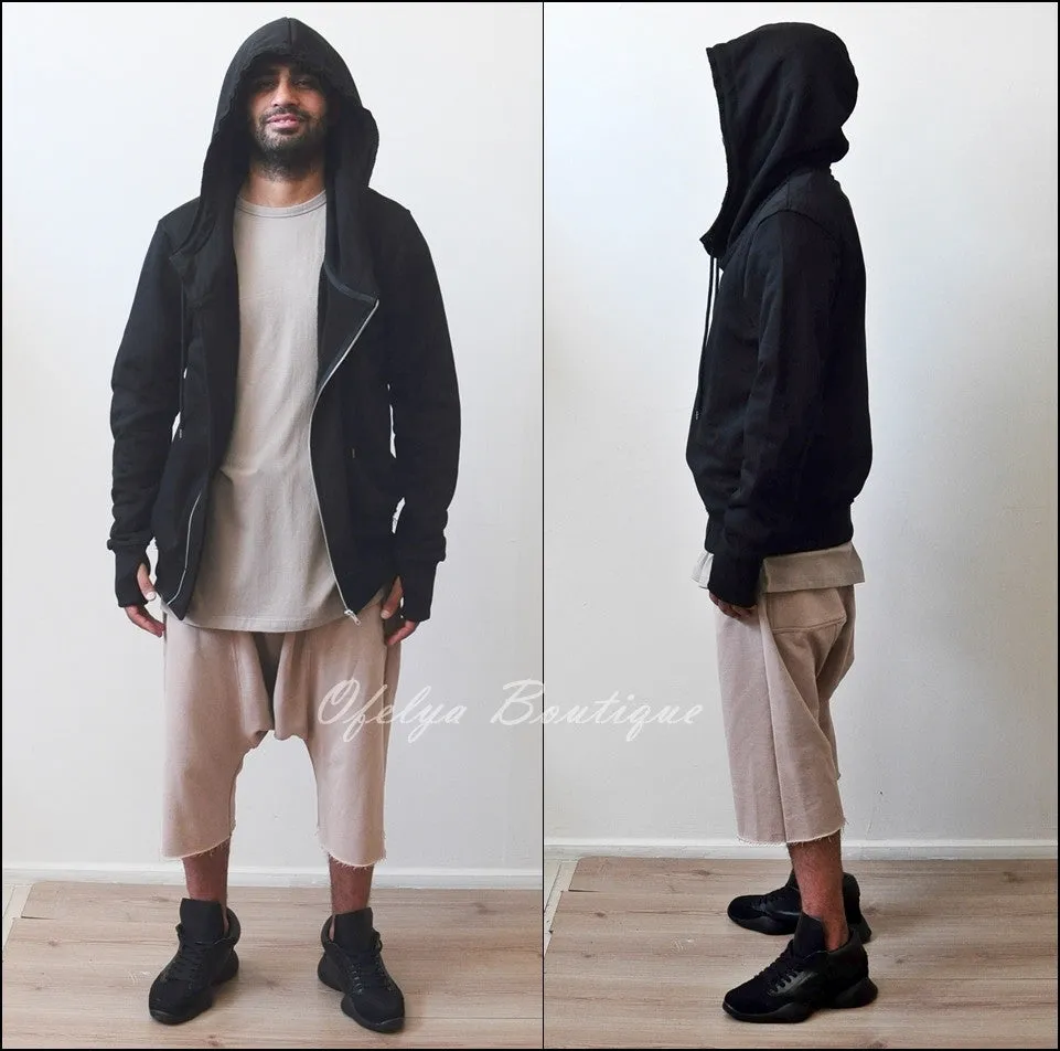 Men's Black Hoodie // Asymmetric Zip Closure // Gloves Sleeve // Big Hood / Oversized Skinny Sweatshirt