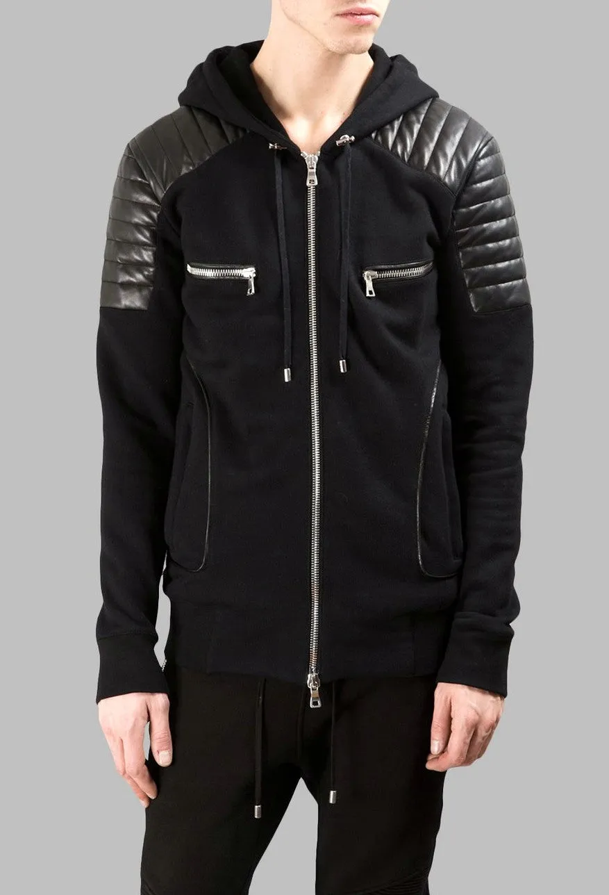 Men's Black Quilted Padded Hoodie with Drawstrings /Zipped Chest Pockets -Two Zipped Side Pockets