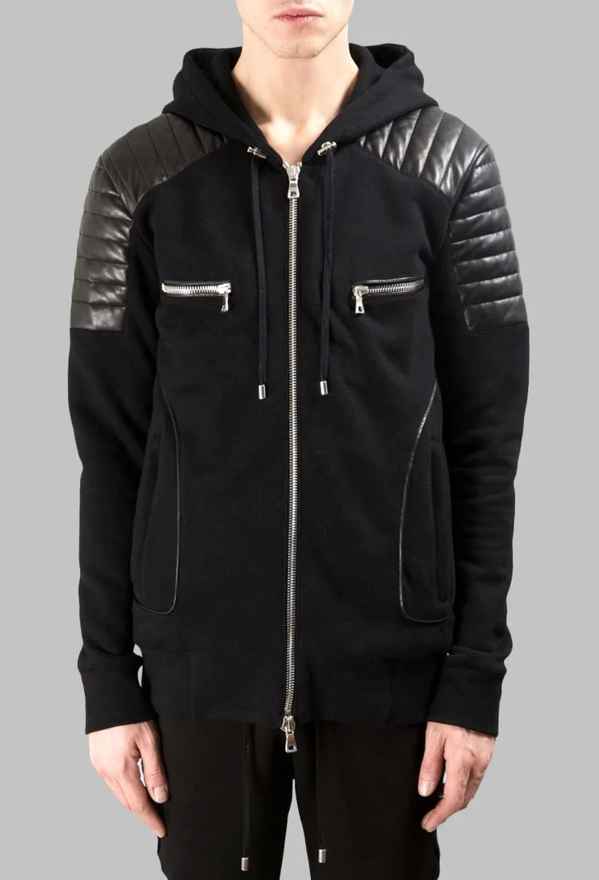 Men's Black Quilted Padded Hoodie with Drawstrings /Zipped Chest Pockets -Two Zipped Side Pockets