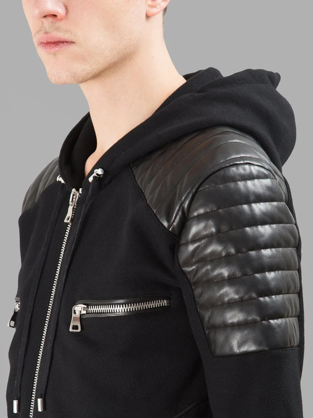 Men's Black Quilted Padded Hoodie with Drawstrings /Zipped Chest Pockets -Two Zipped Side Pockets